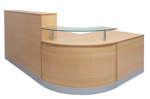 Curved reception counter in beech finish with glass visitor hob